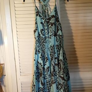NWT Shana Magic Long Teal Brown classic leaves Thin Strap Dress Sz 2Xd